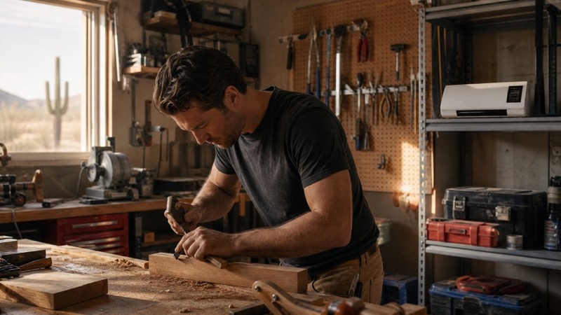 Matt working in his garage with CoolCove cooling