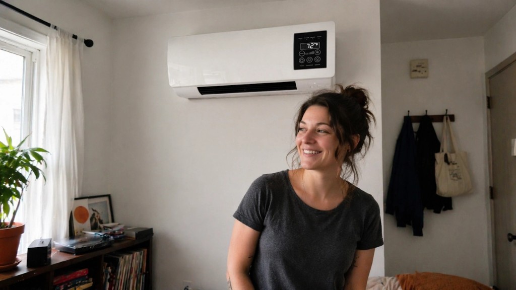 Woman smiling with CoolCove mounted on bedroom wall